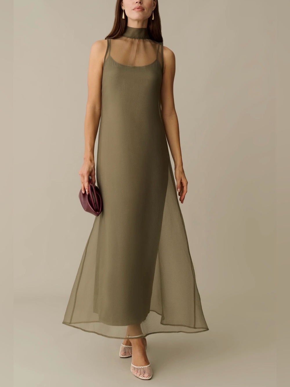 Few Moda CAARA NWT Alette Moss Grey Sheer Organza Maxi Dress